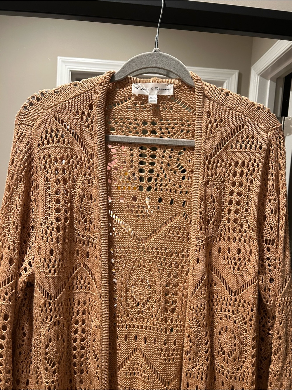 Chelsea & Theodore Tan Open-Front Crochet Cardigan XL Boho Scalloped Hem - Picture 2 of 5